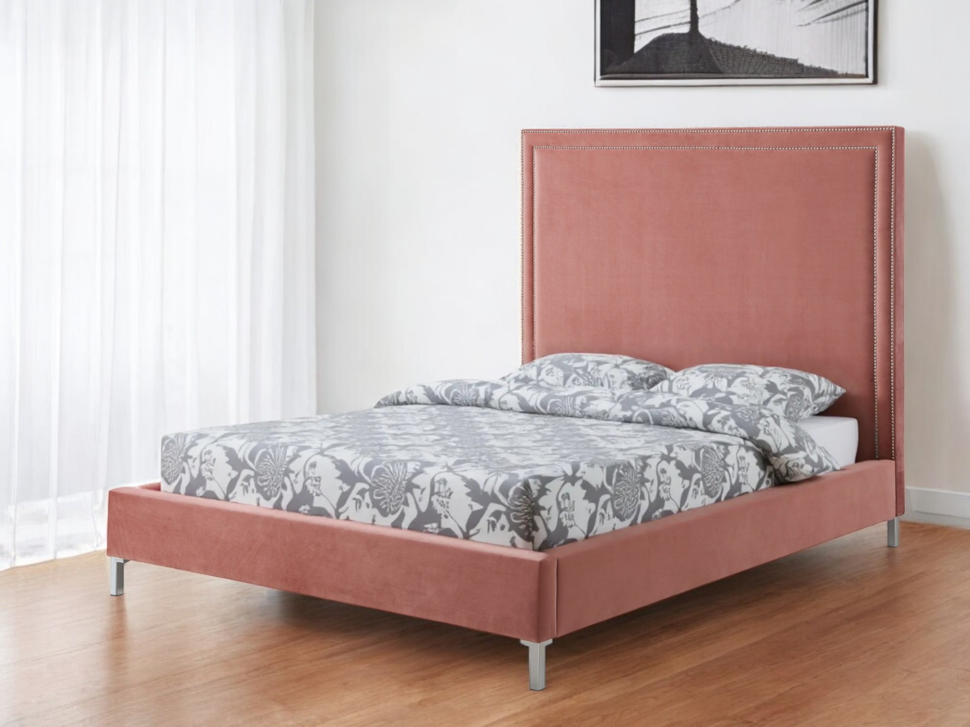 Blush Solid Wood Queen Upholstered Velvet Bed with Nailhead Trim-544786-1