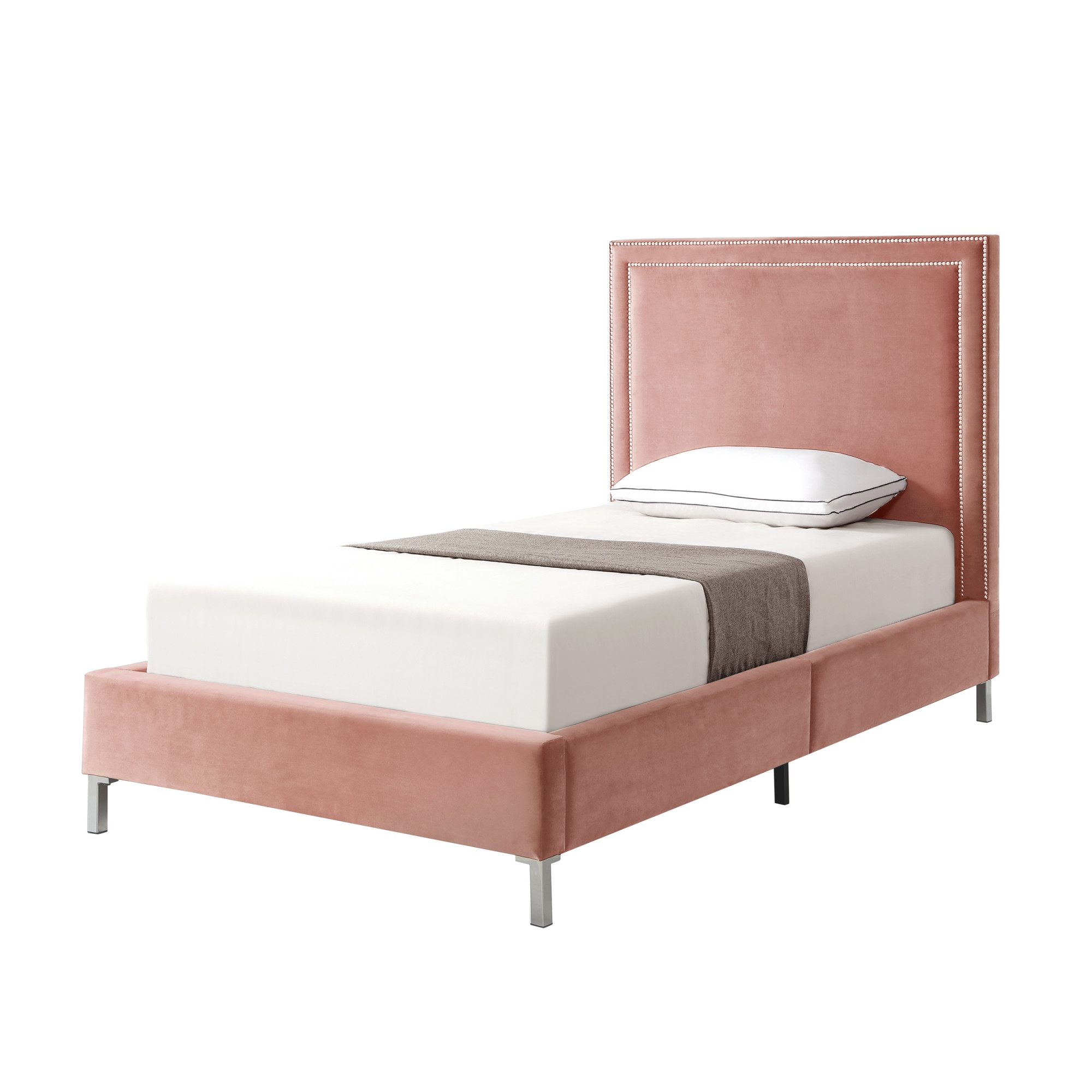 Blush Solid Wood Twin Upholstered Velvet Bed with Nailhead Trim-544787-1