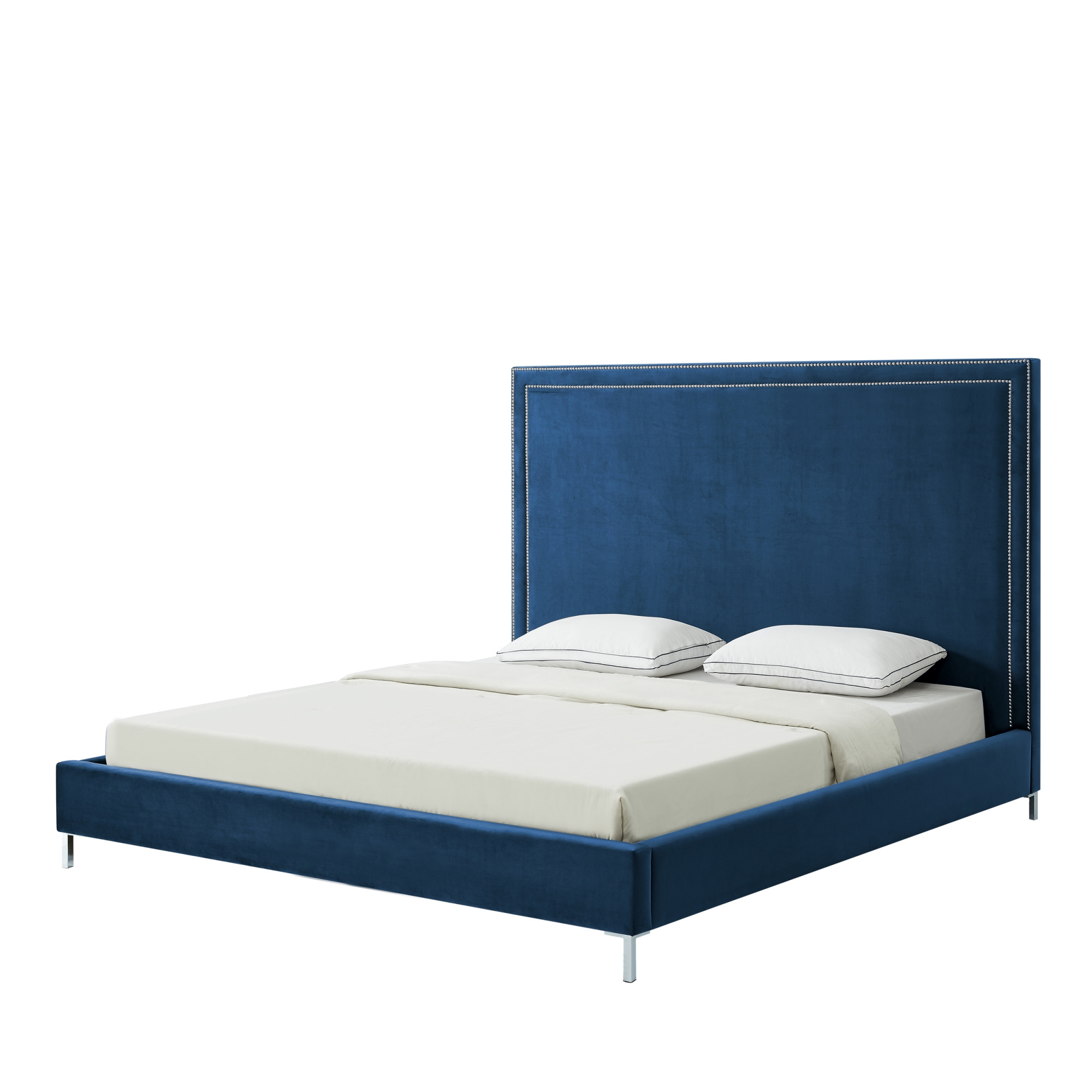 Navy Blue Solid Wood King Upholstered Velvet Bed with Nailhead Trim-544791-1