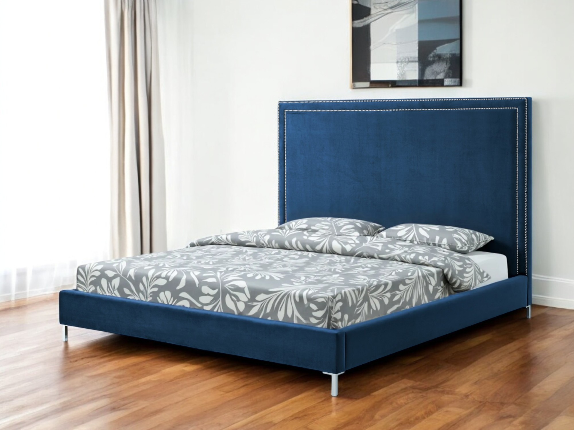 Navy Blue Solid Wood King Upholstered Velvet Bed with Nailhead Trim-544791-1