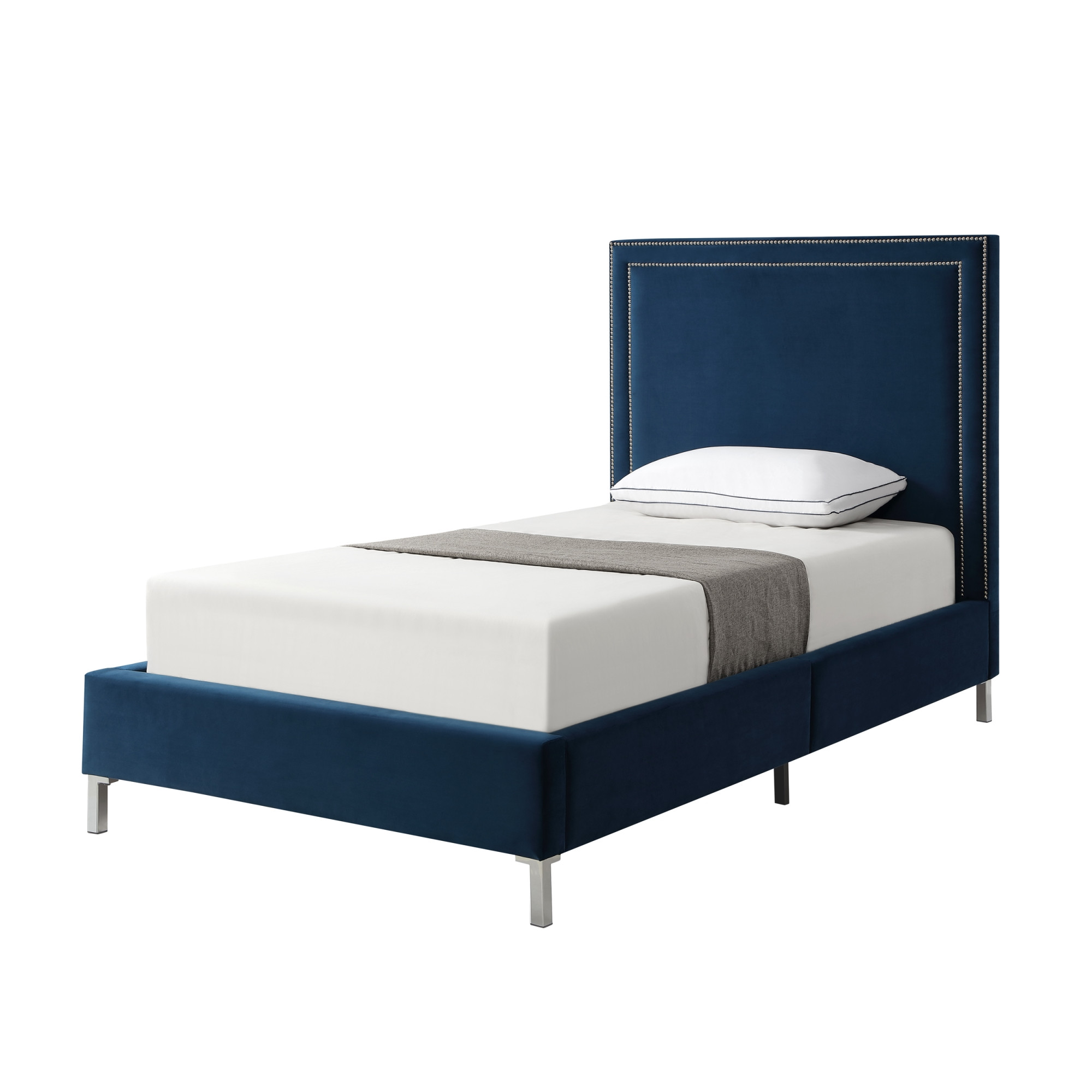 Navy Blue Solid Wood Twin Upholstered Velvet Bed with Nailhead Trim-544793-1