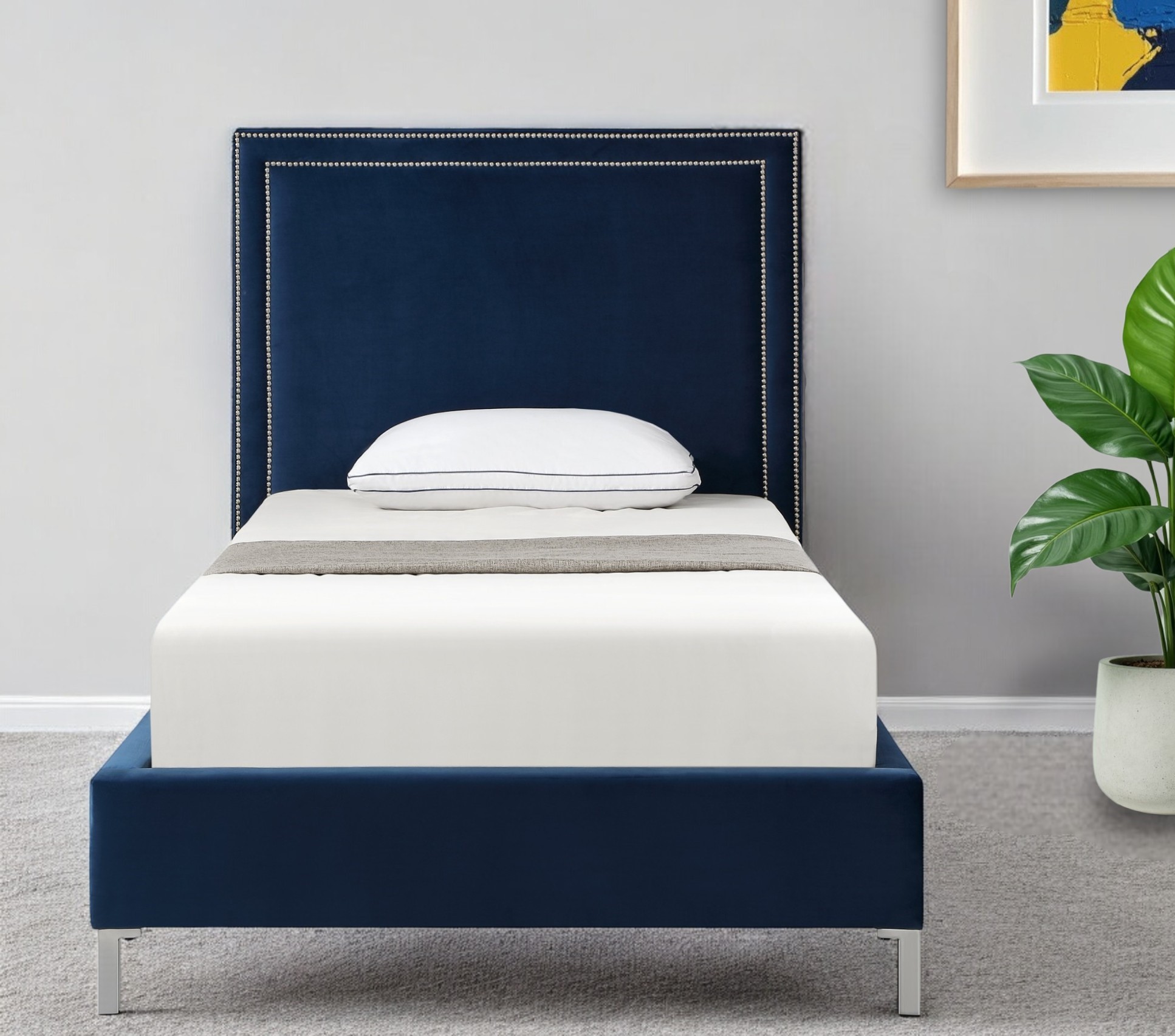 Navy Blue Solid Wood Twin Upholstered Velvet Bed with Nailhead Trim-544793-1