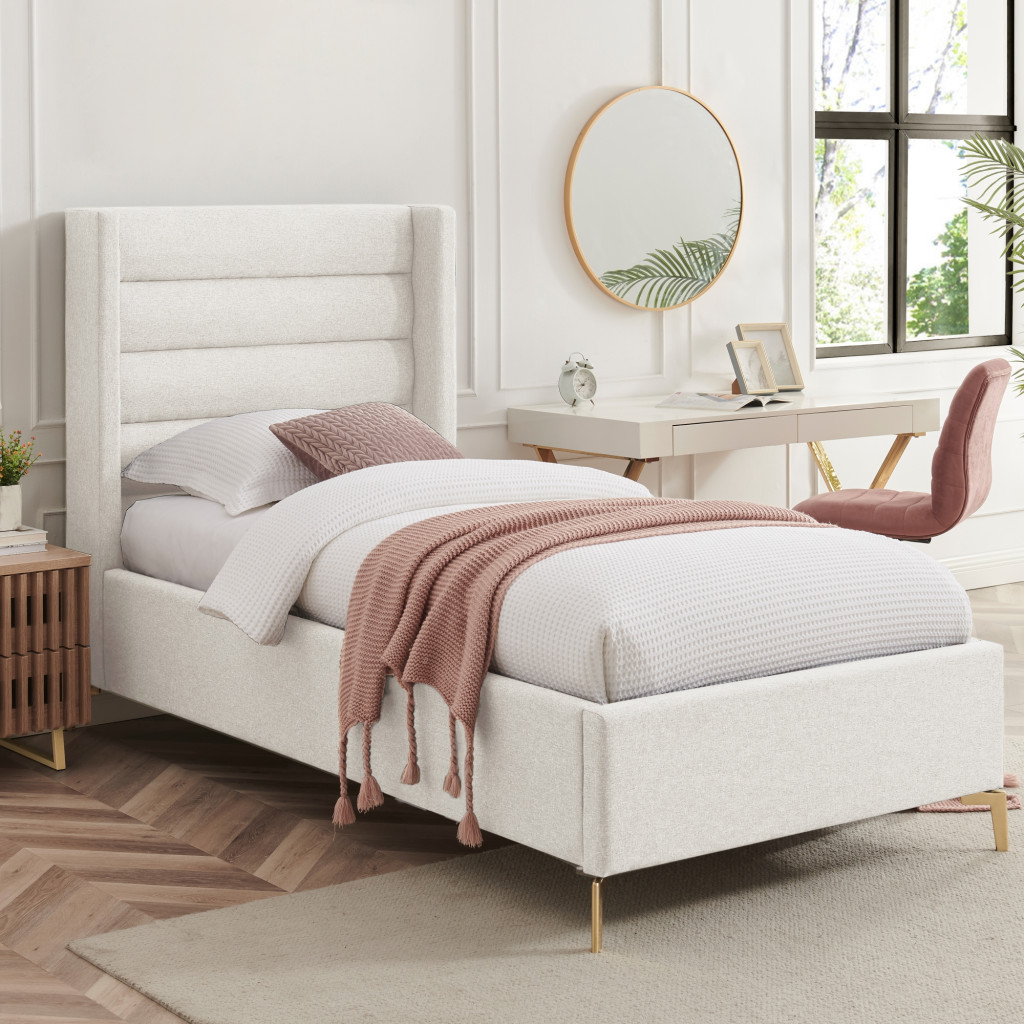 Light Beige Upholstered Linen Twin XL Wingack Platform Bed