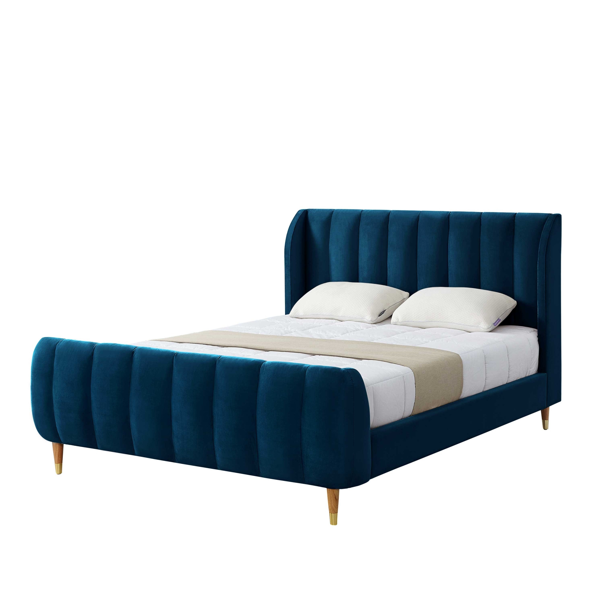 Navy Blue Solid Wood Queen Tufted Upholstered Velvet Bed Frame-544856-1