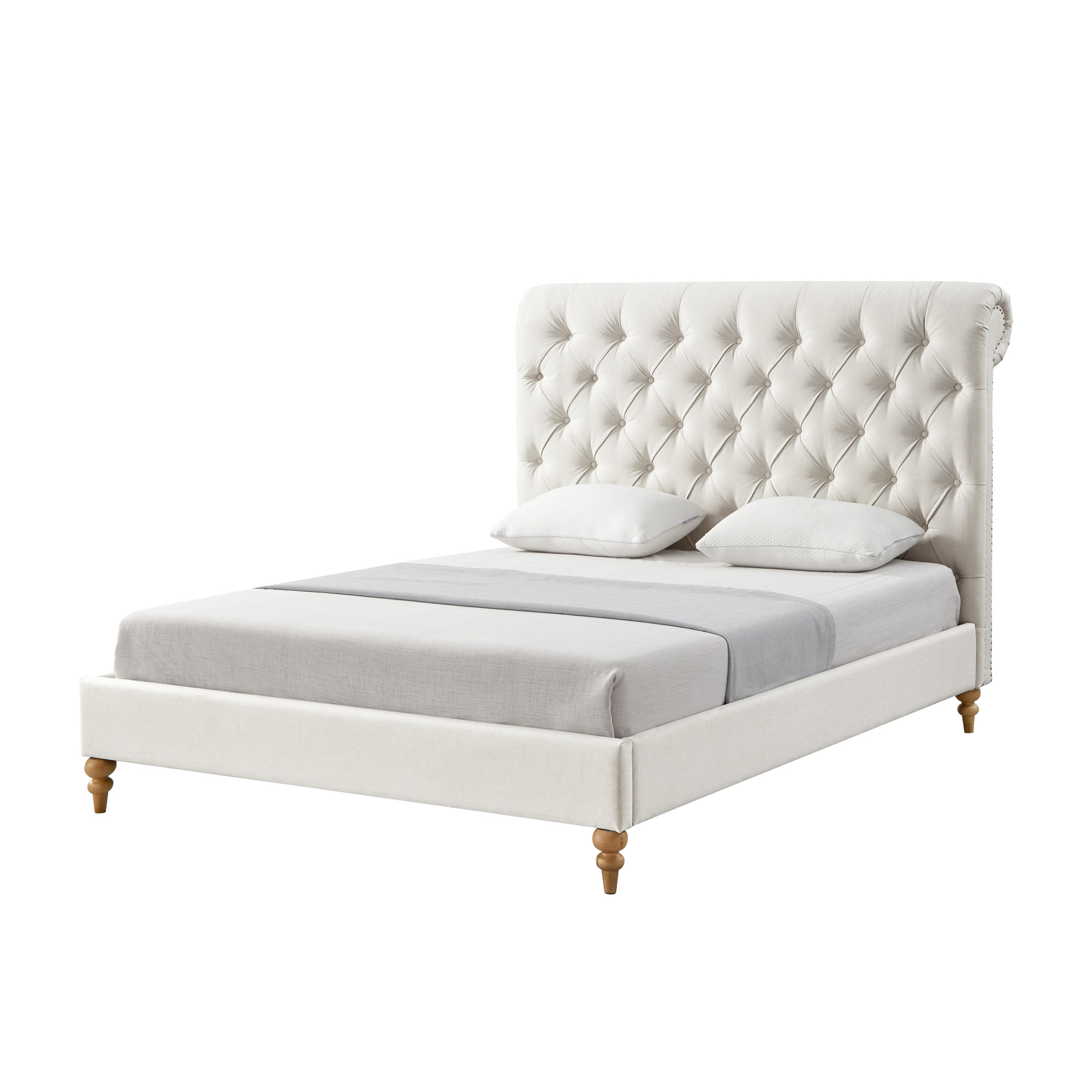 Cream Solid Wood Twin Tufted Upholstered Linen Bed with Nailhead Trim-544885-1