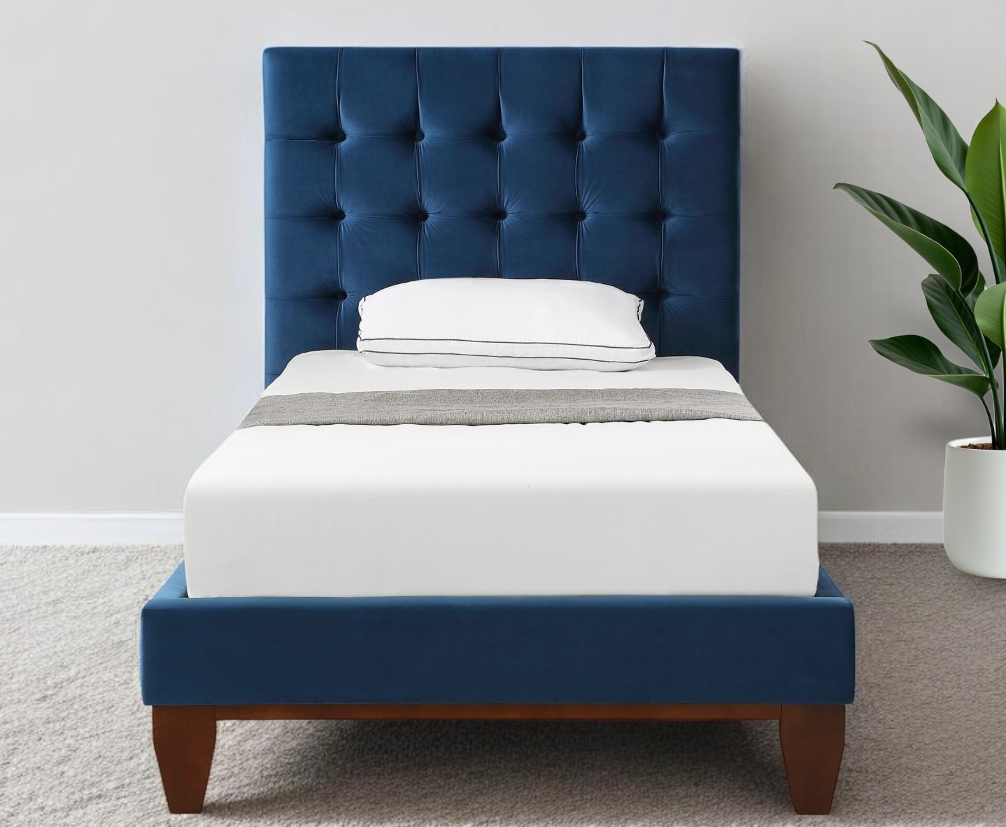 Navy Blue Solid Wood Full Tufted Upholstered Velvet Bed-544908-1