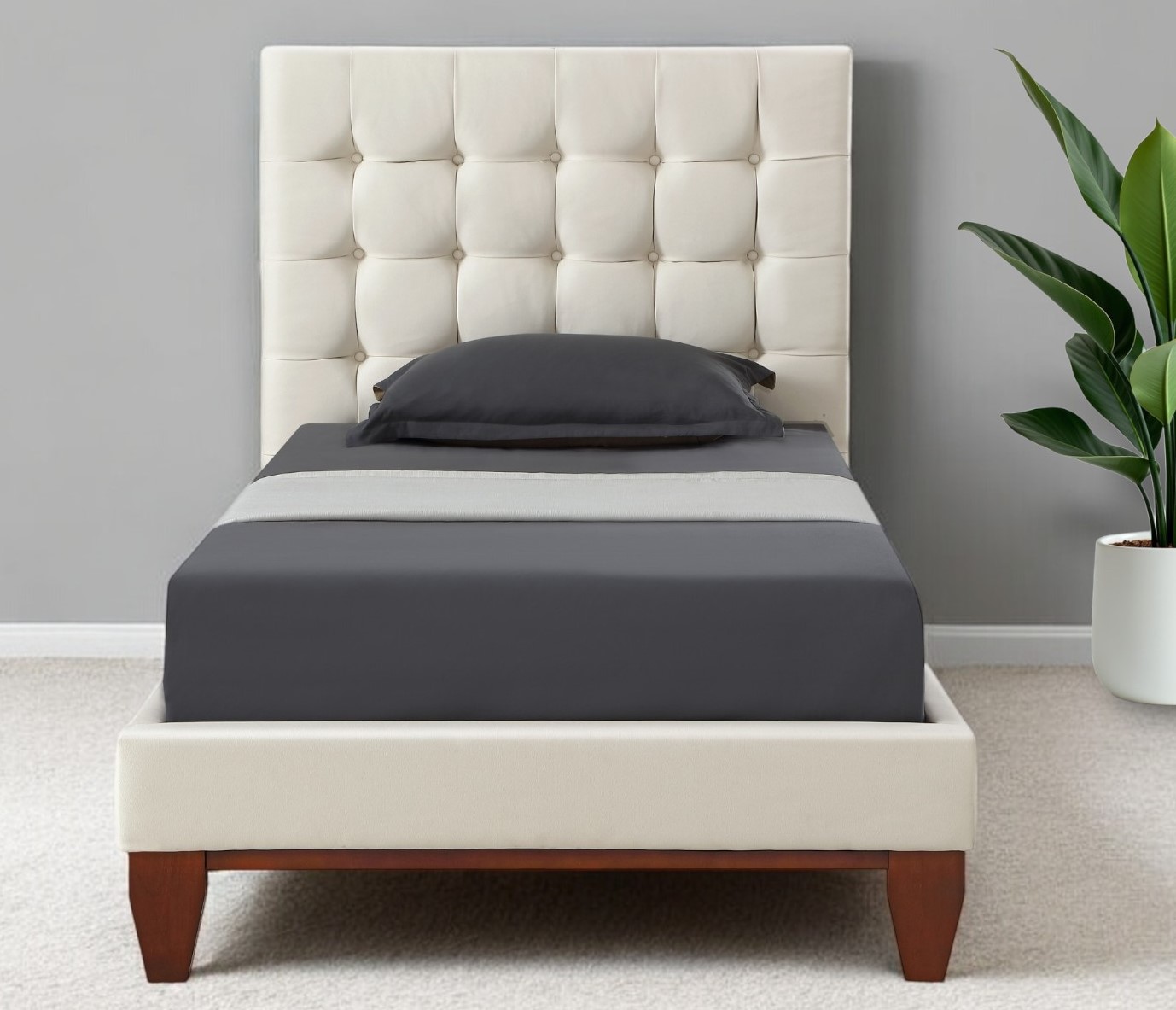 Beige Solid Wood Full Tufted Upholstered Linen Bed-544909-1