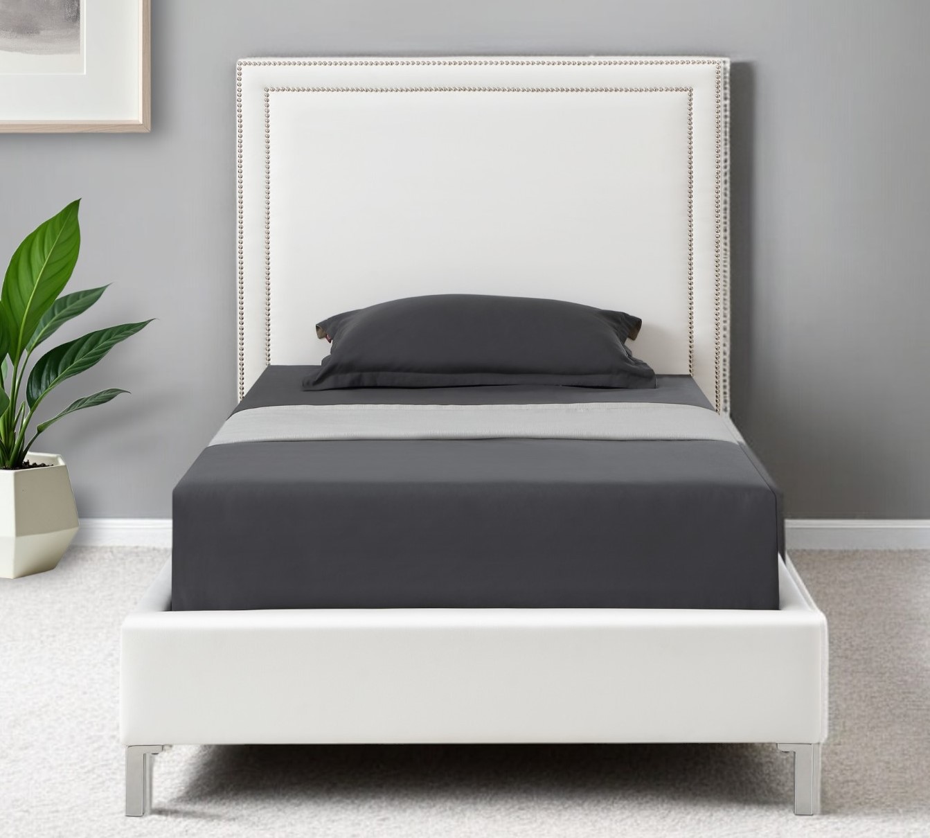 White Solid Wood Full Upholstered Faux Leather Bed with Nailhead Trim-544911-1
