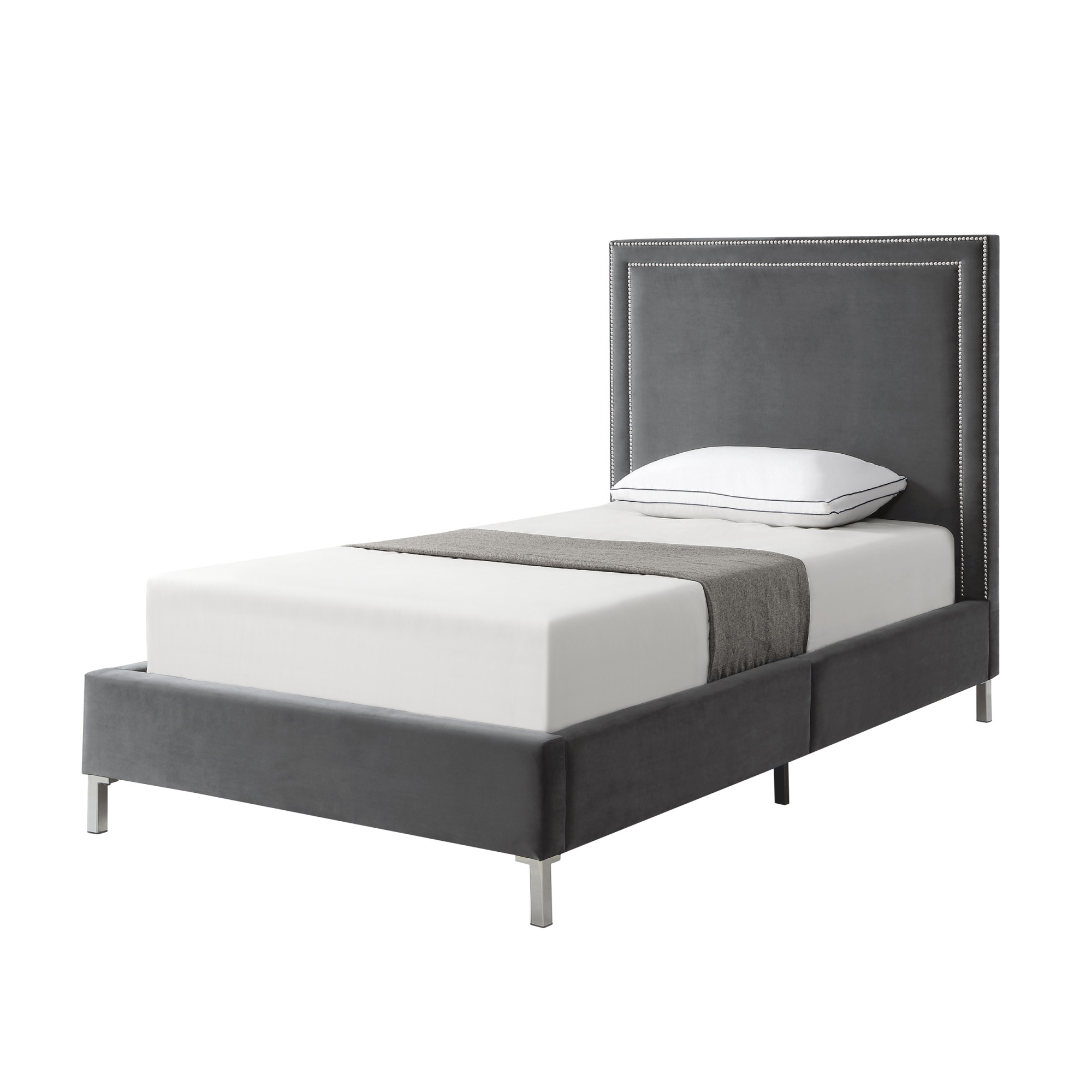 Gray Solid Wood Full Upholstered Velvet Bed with Nailhead Trim-544913-1