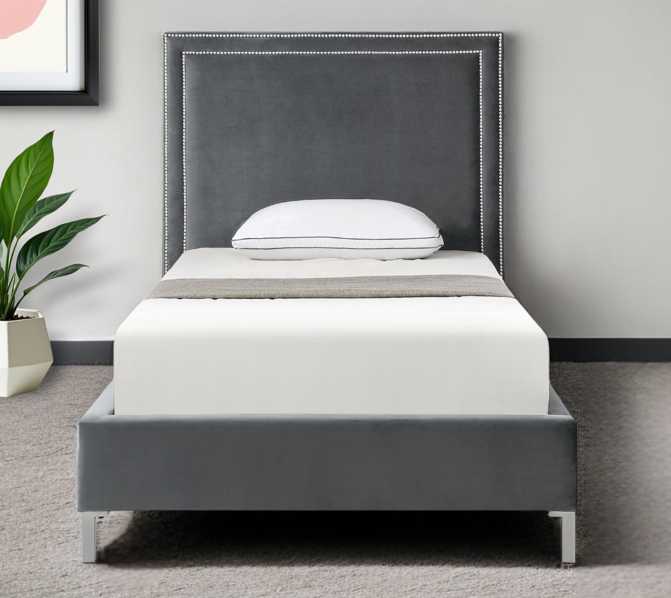 Gray Solid Wood Full Upholstered Velvet Bed with Nailhead Trim-544913-1