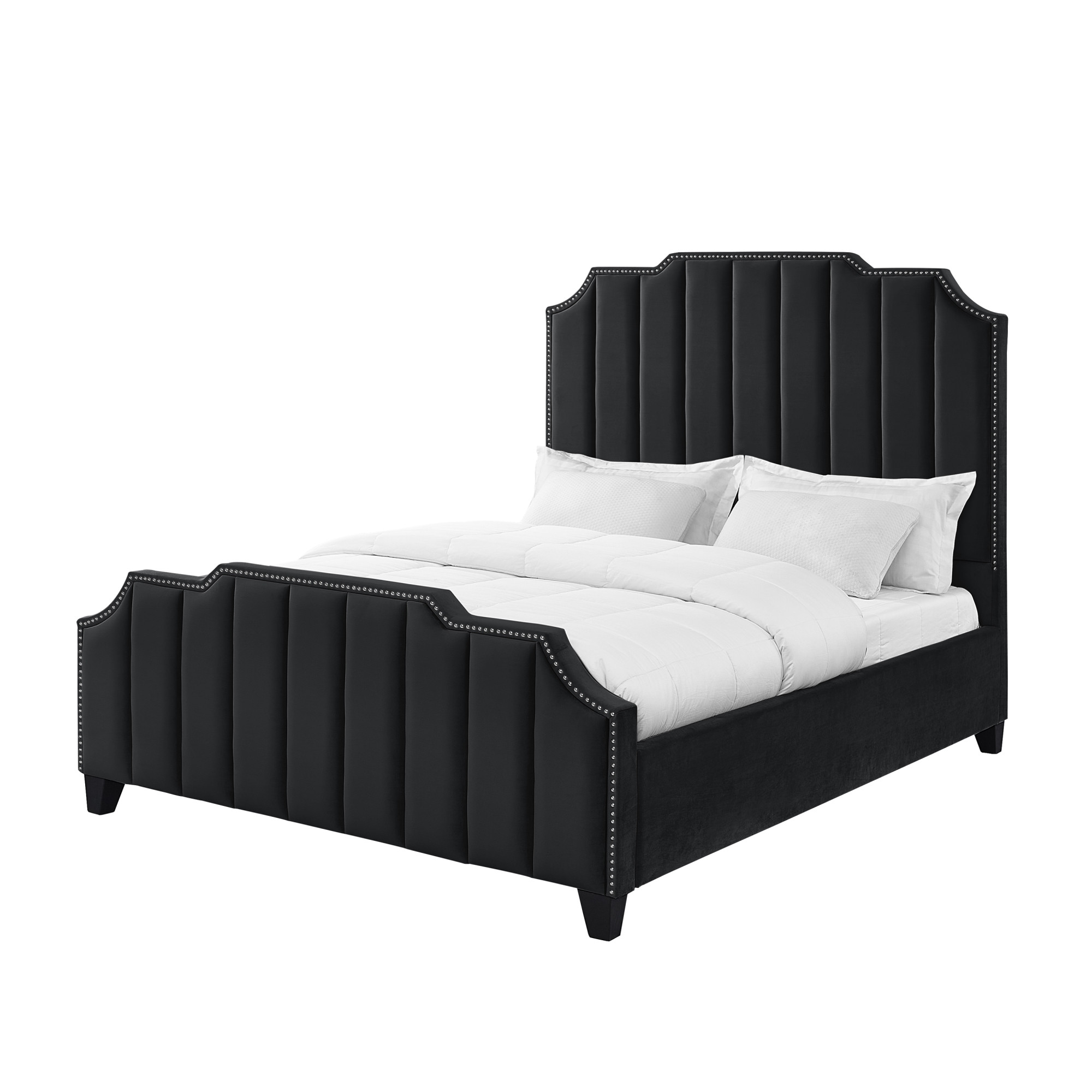 Black Solid Wood Queen Tufted Upholstered Velvet Bed with Nailhead Trim-544916-1
