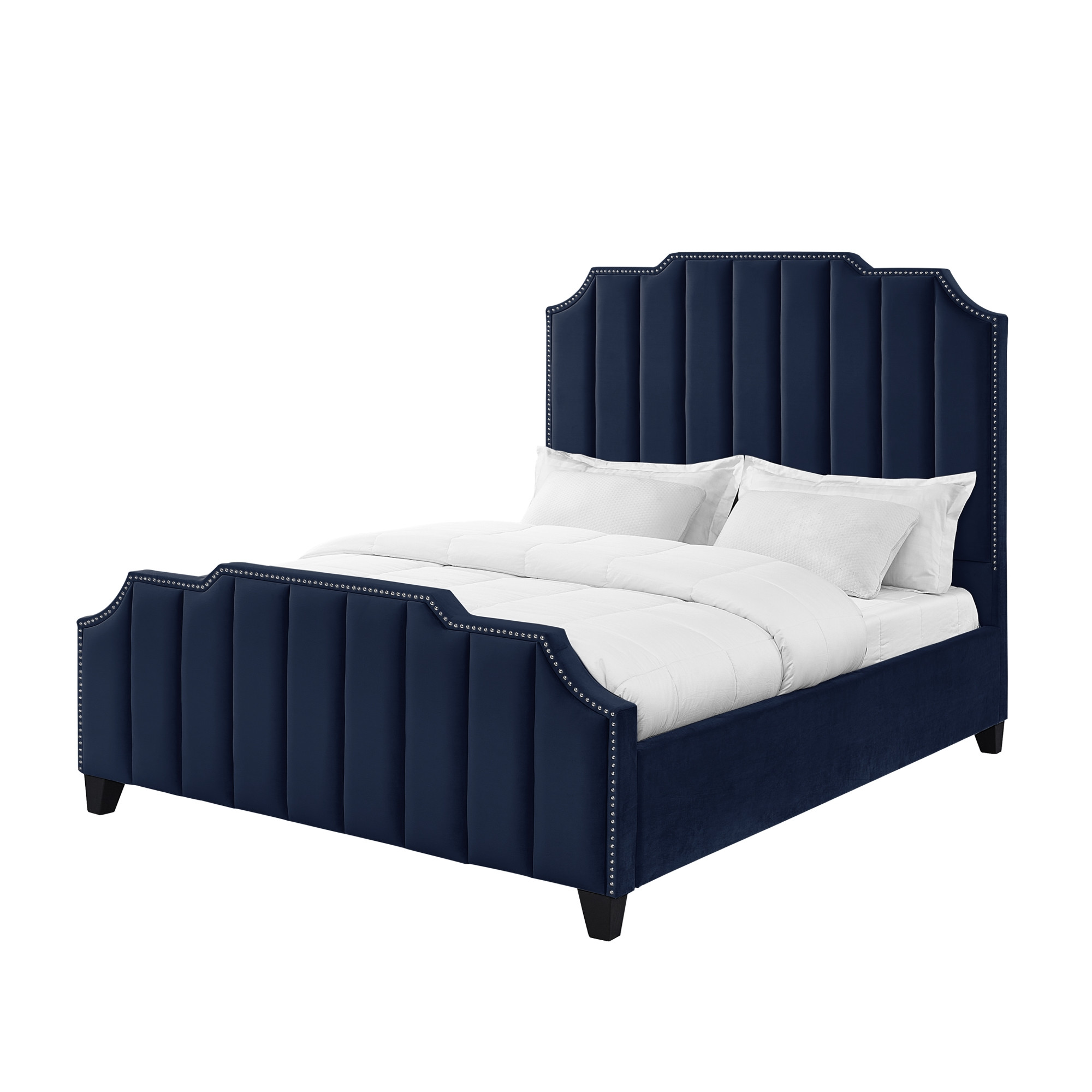 Navy Blue Solid Wood King Tufted Upholstered Velvet Bed with Nailhead Trim-544921-1