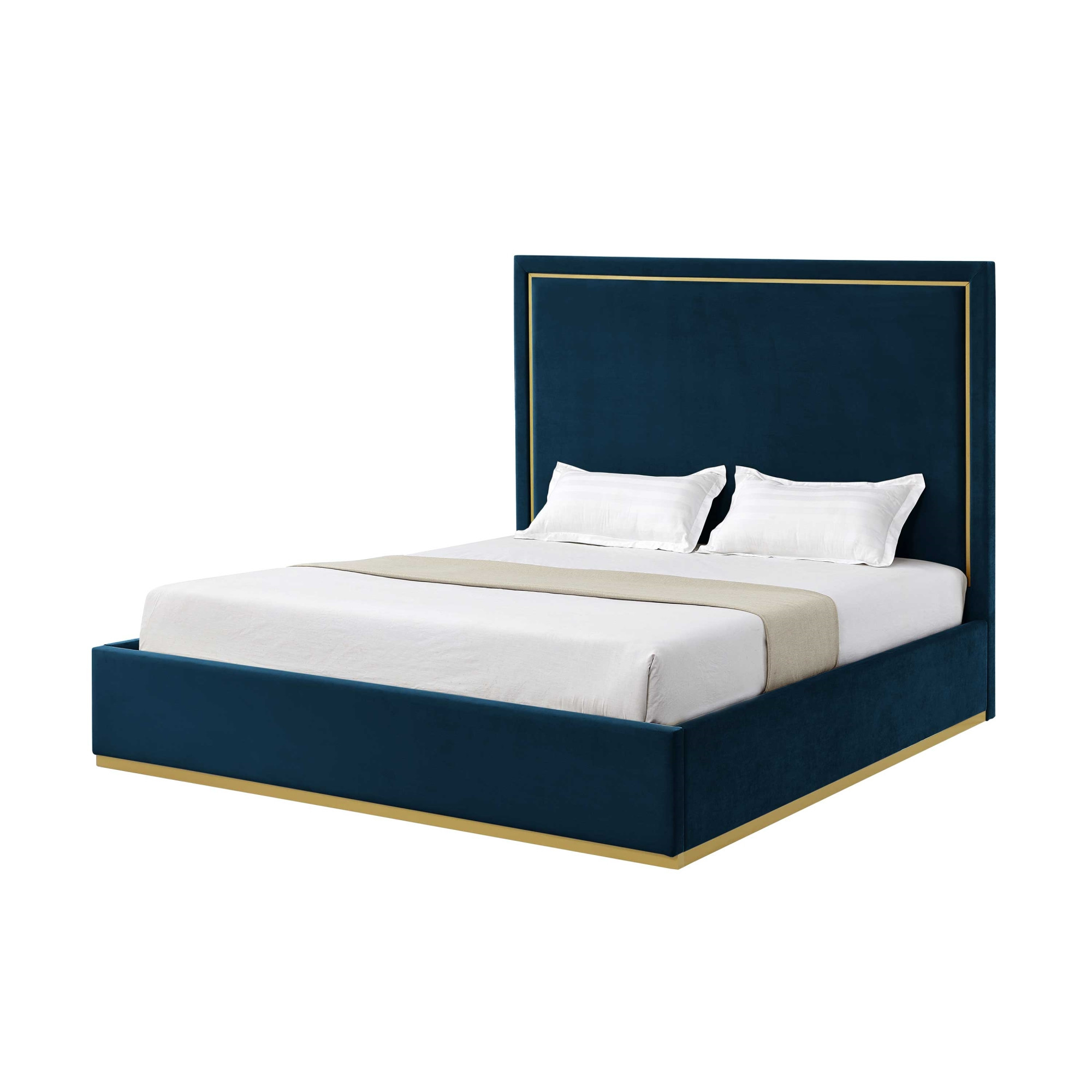 Navy Blue Solid Wood Queen Upholstered Velvet Bed-544926-1