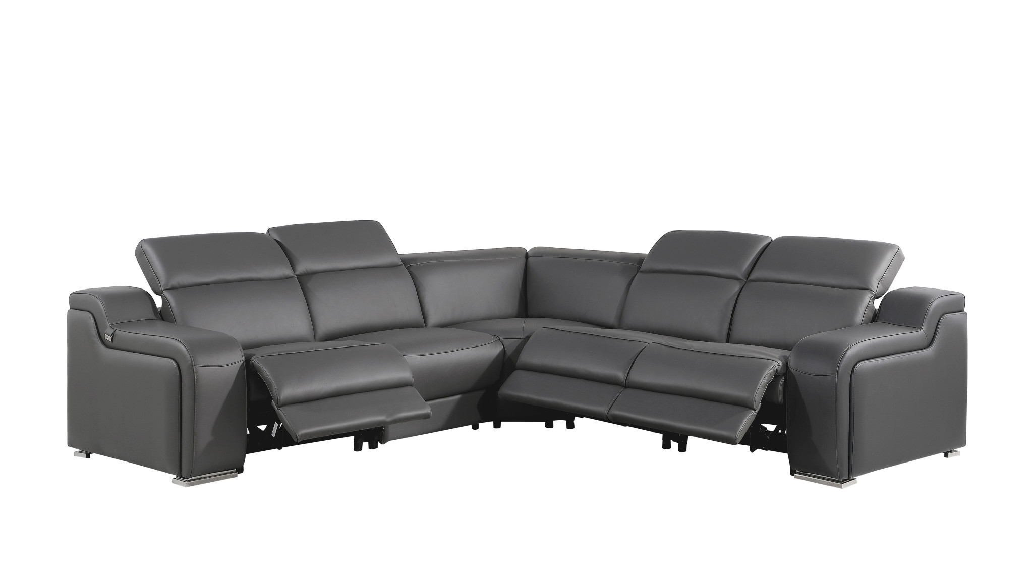 Gray Italian Leather Power Reclining Curved Five Piece Corner Sectional-544981-1