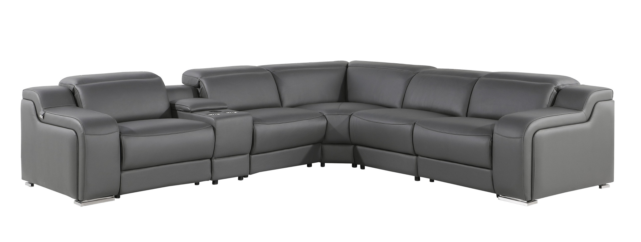 Gray Italian Leather Power Reclining Curved Six Piece Corner Sectional With Console-544982-1