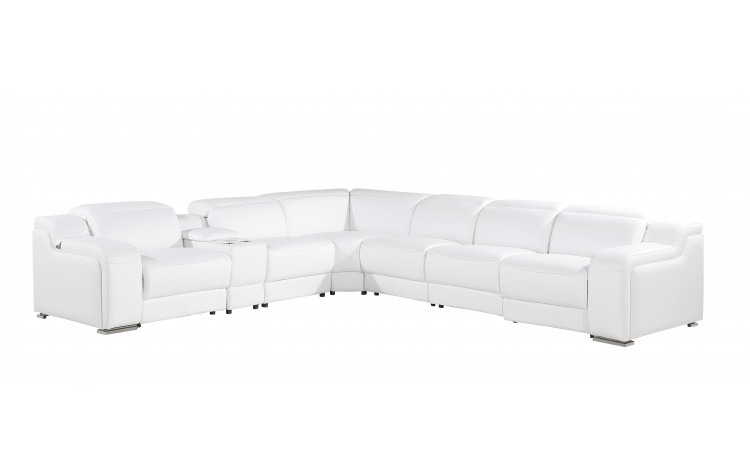 White Italian Leather Power Reclining Curved Seven Piece Corner Sectional With Console-544995-1