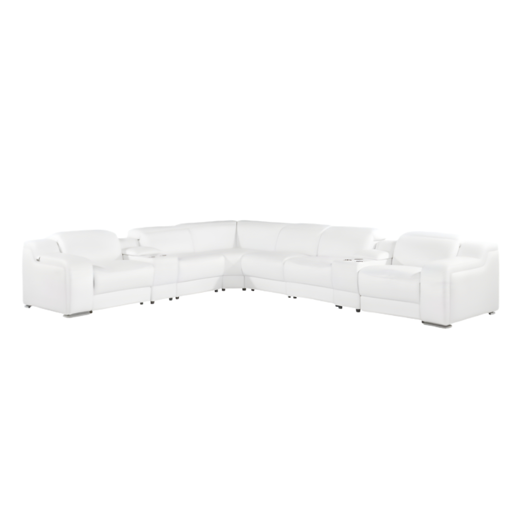 White Italian Leather Power Reclining Curved Eight Piece Corner Sectional With Console-544997-1