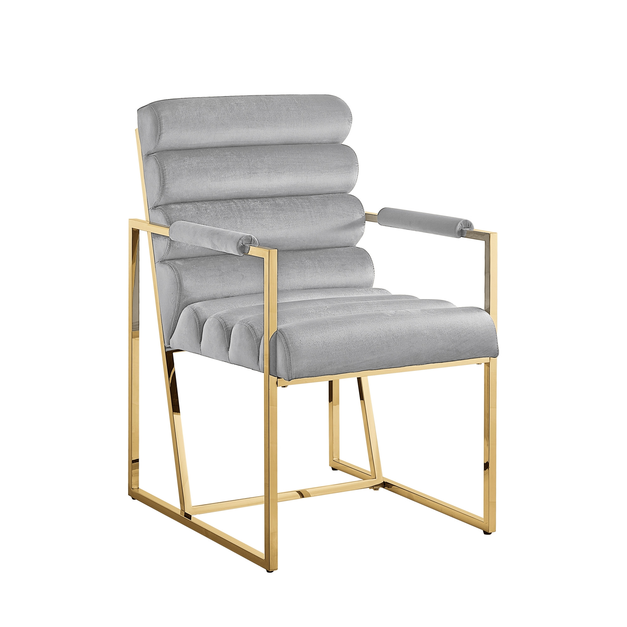 Set of Two Tufted Gray And Gold Upholstered Velvet Dining Arm Chairs-545055-1
