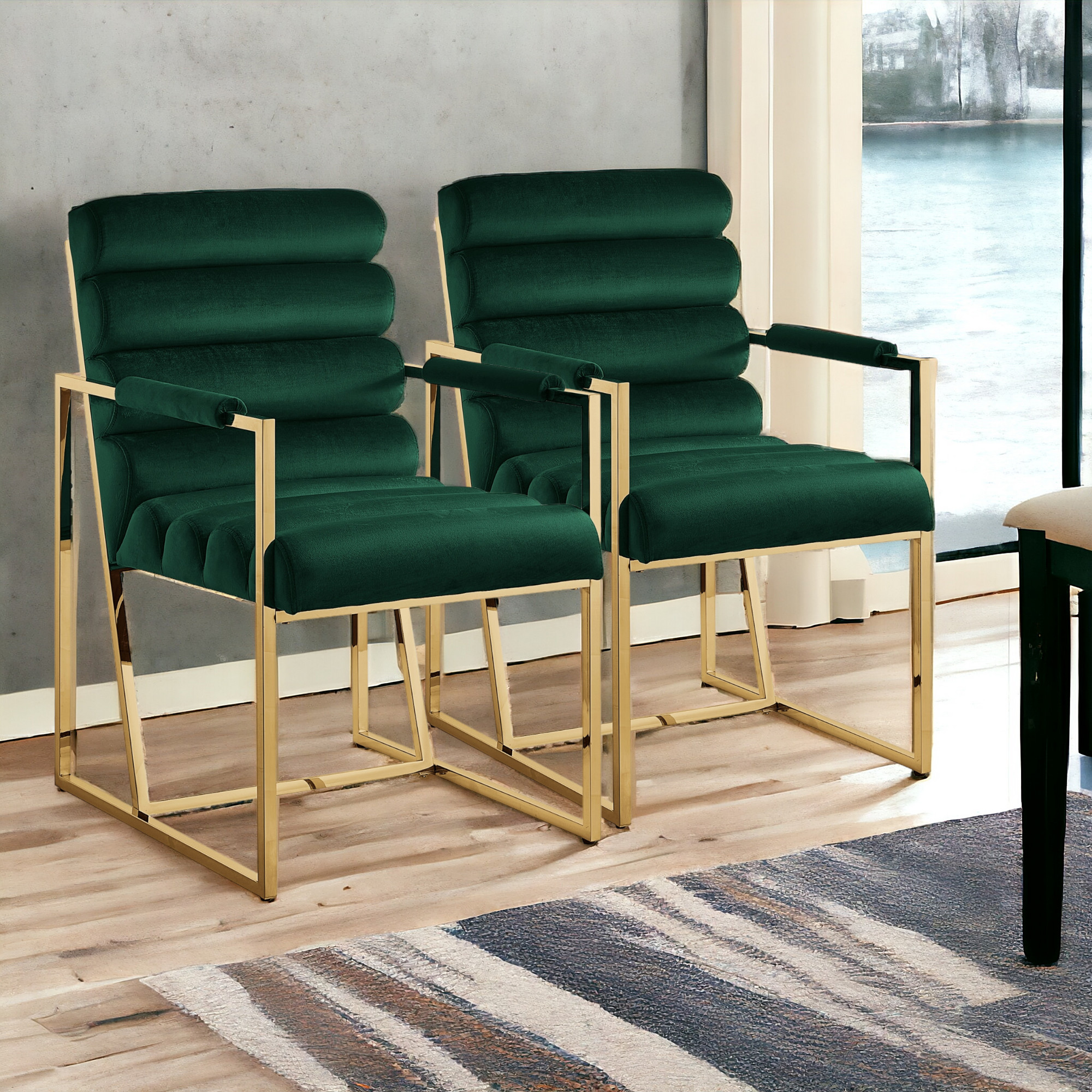 Set of Two Tufted Hunter Green And Gold Upholstered Velvet Dining Arm Chairs-545056-1
