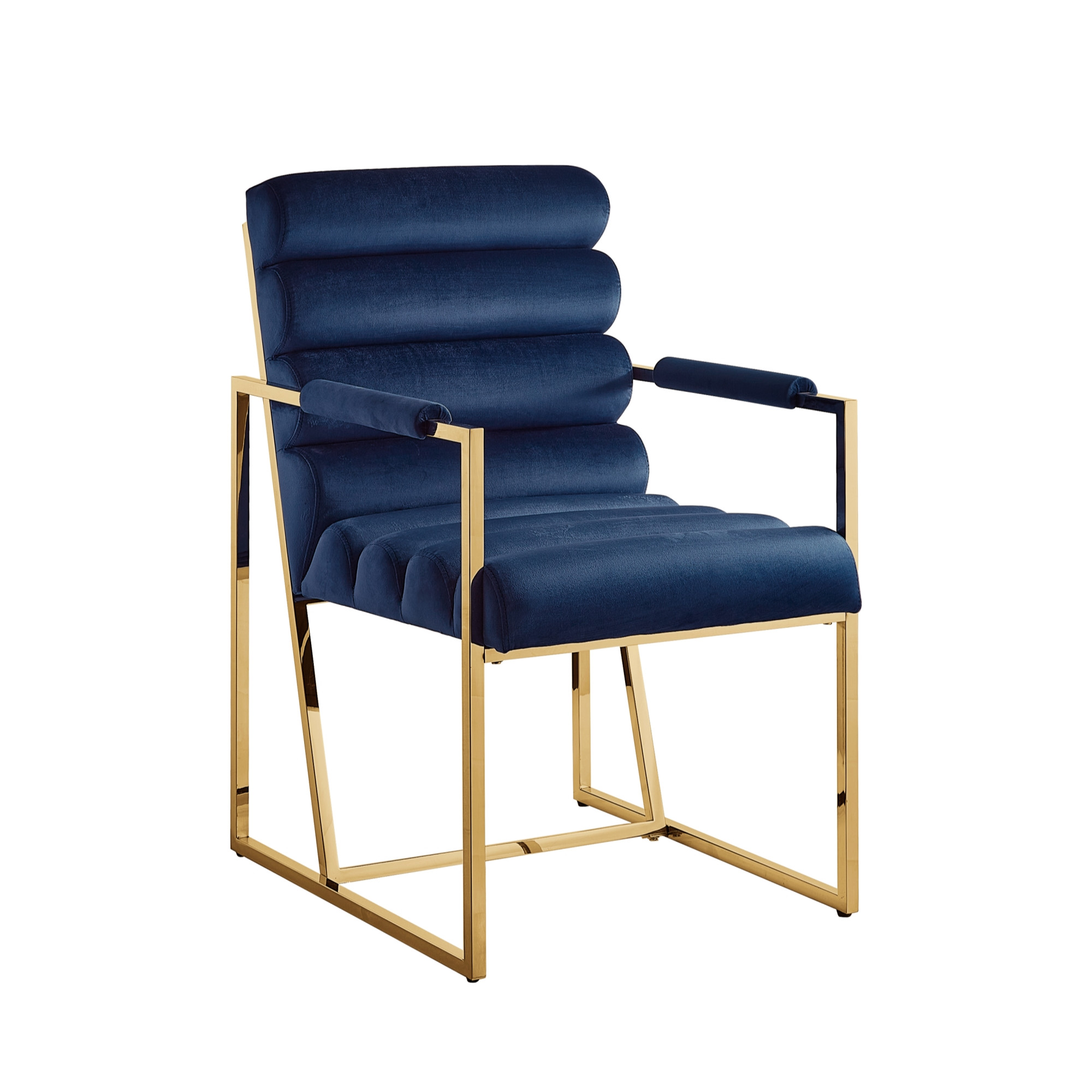Set of Two Tufted Navy Blue And Gold Upholstered Velvet Dining Arm Chairs-545057-1