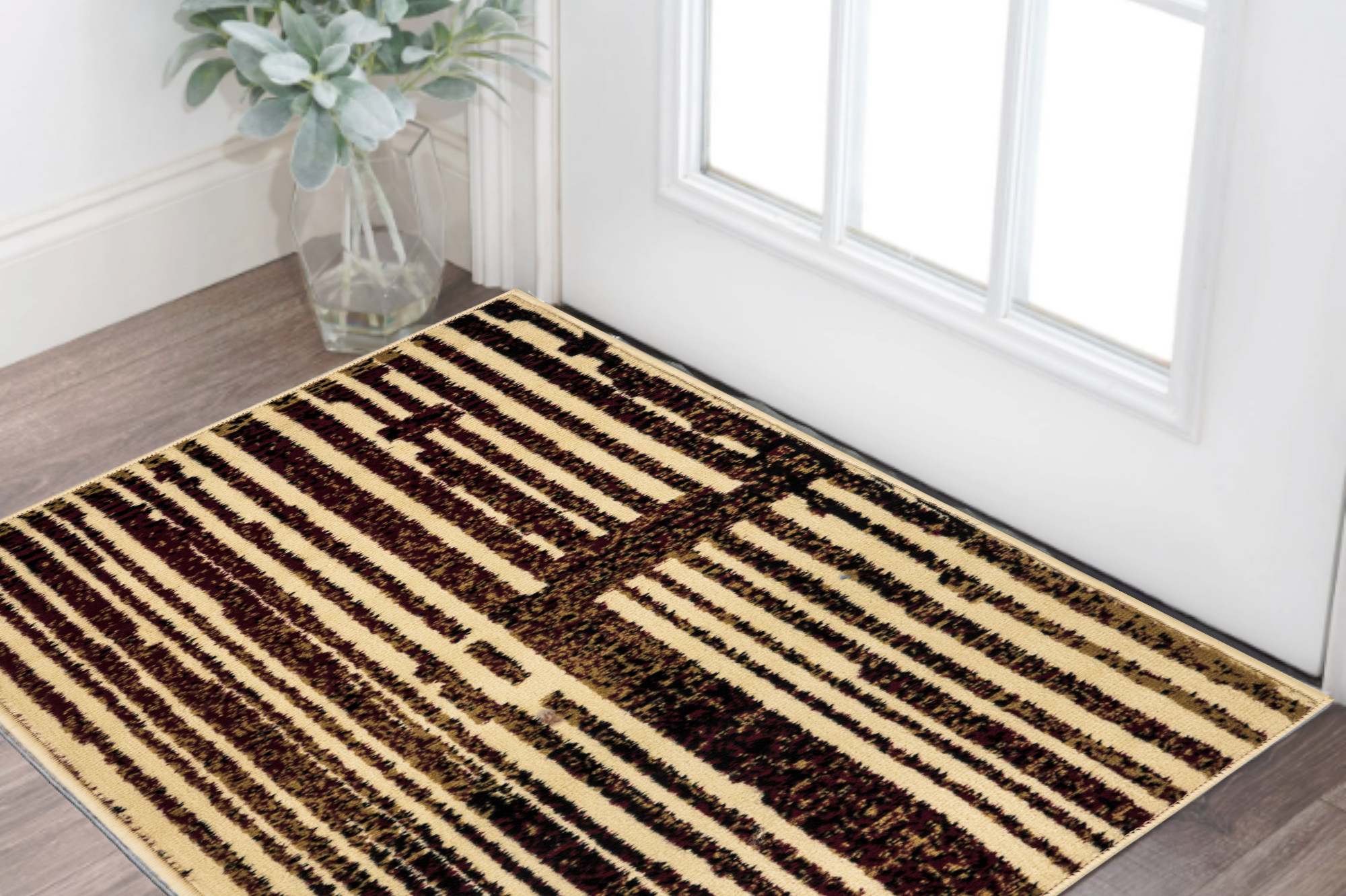 2' X 4' Tan Black and Red Striped Non Skid Area Rug-546076-1