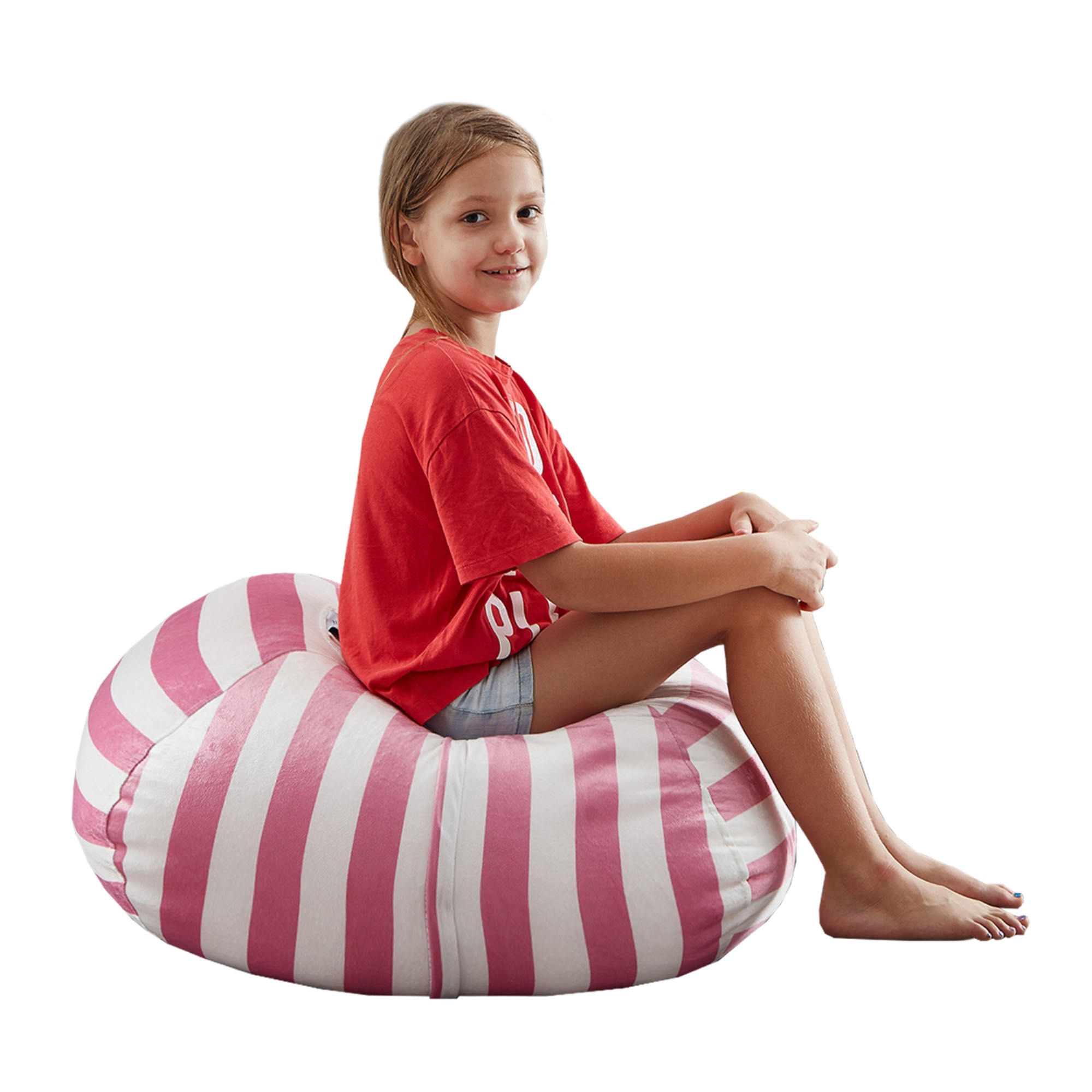 32" Pink and White Microfiber Round Striped Pouf Cover-546265-1