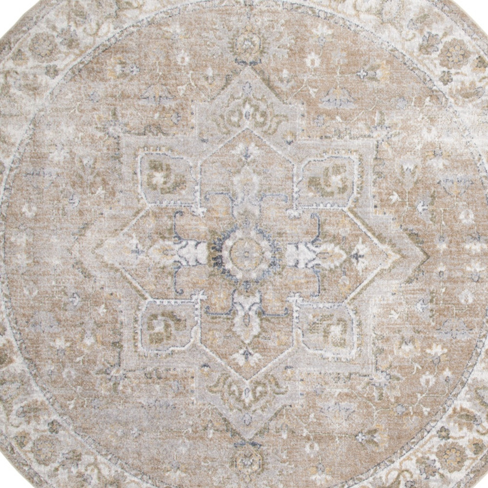 5" Beige and Ivory Round Floral Medallion Power Loom Washable Area Rug