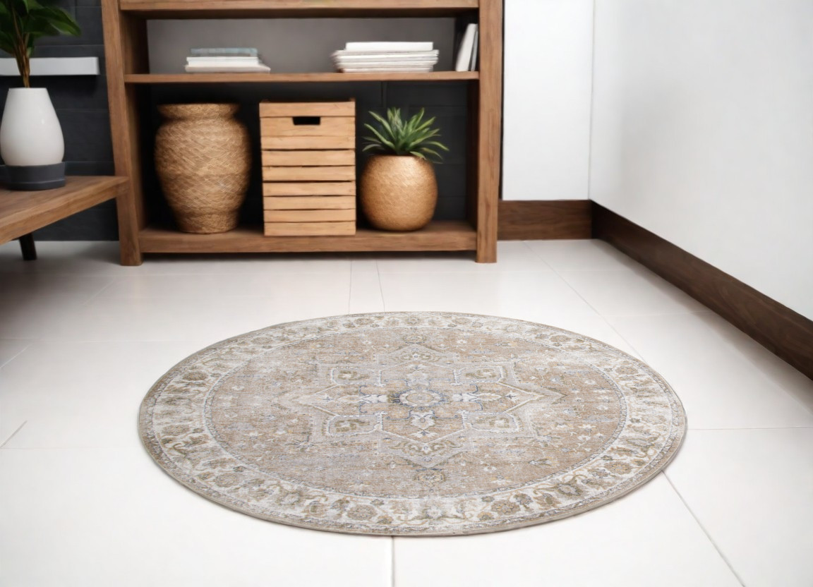 5" Beige and Ivory Round Floral Medallion Power Loom Washable Area Rug