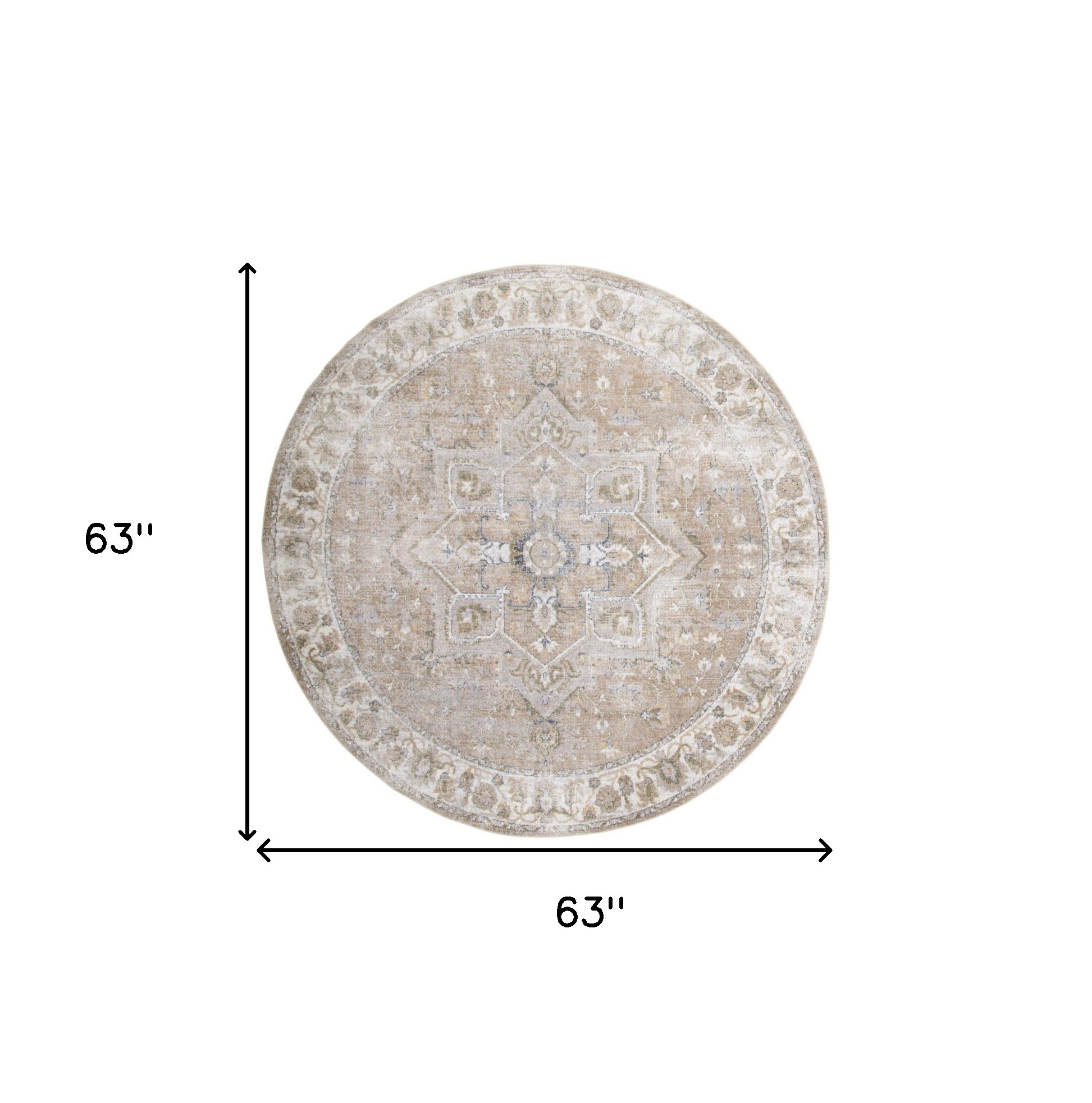 5" Beige and Ivory Round Floral Medallion Power Loom Washable Area Rug