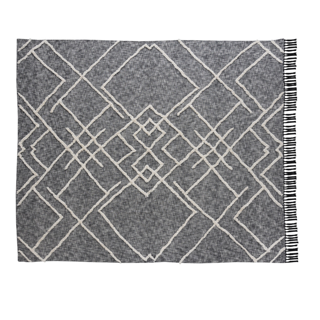 Charcoal Off White Geometric King Cotton Coverlet with Fringe