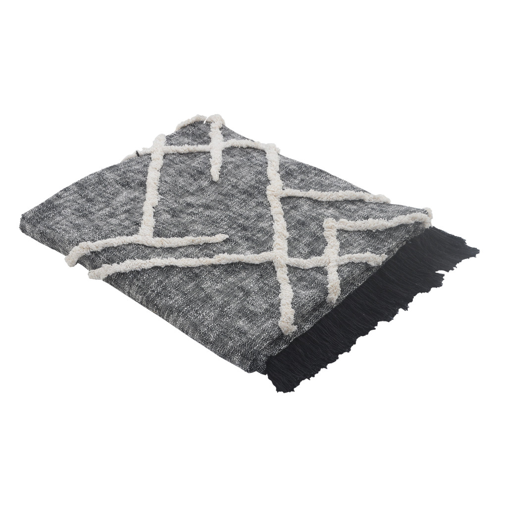 Charcoal Off White Geometric King Cotton Coverlet with Fringe