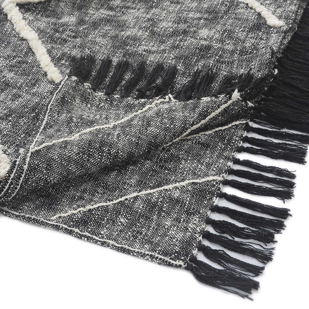 Charcoal Off White Geometric King Cotton Coverlet with Fringe
