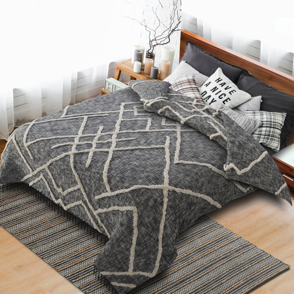Charcoal Off White Geometric King Cotton Coverlet with Fringe