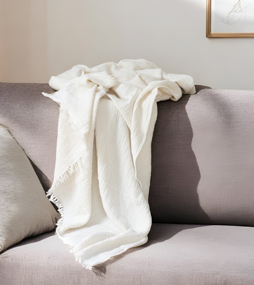 47" X 60" Beige Cotton Woven Turkish Towel Throw Blanket with Fringe-548869-1