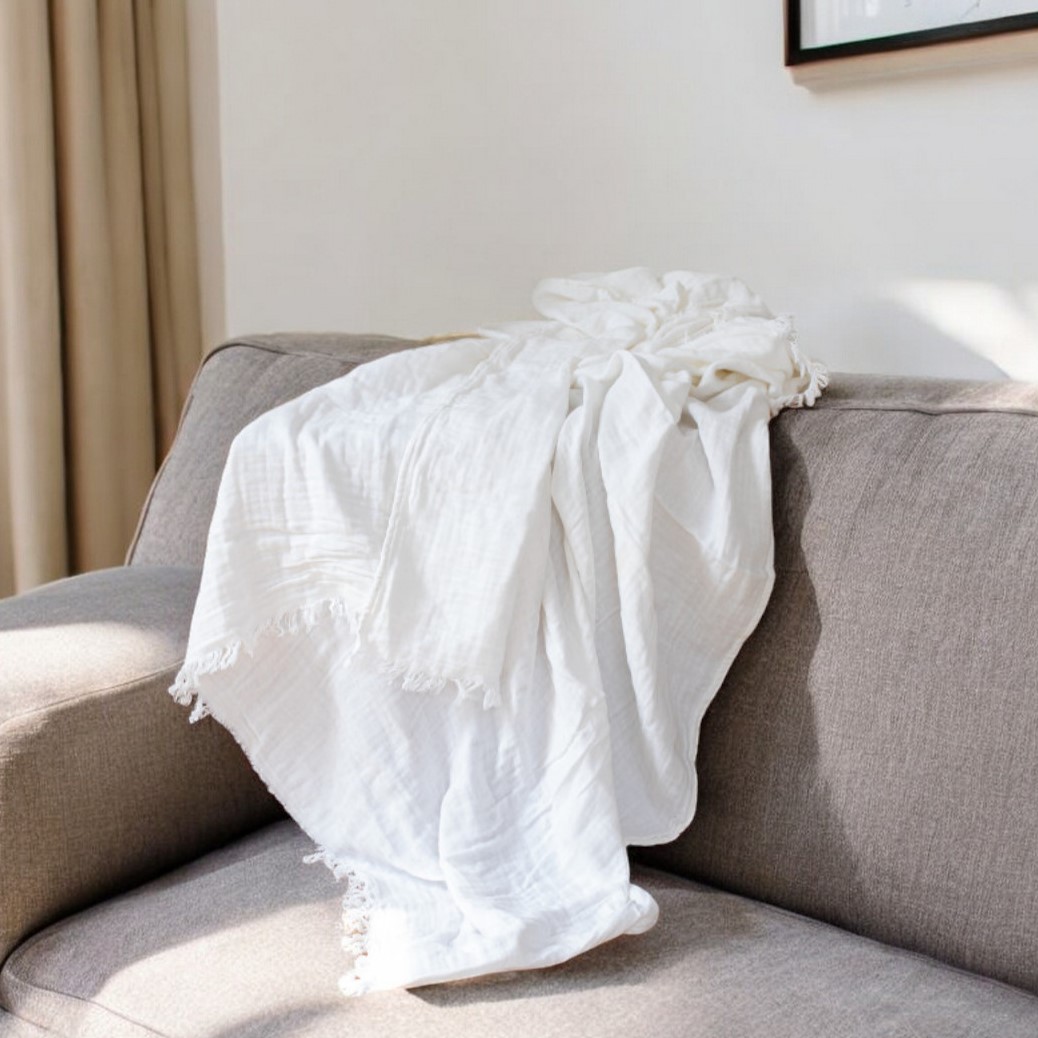 47" X 60" White Cotton Woven Turkish Towel Throw Blanket with Fringe-548870-1