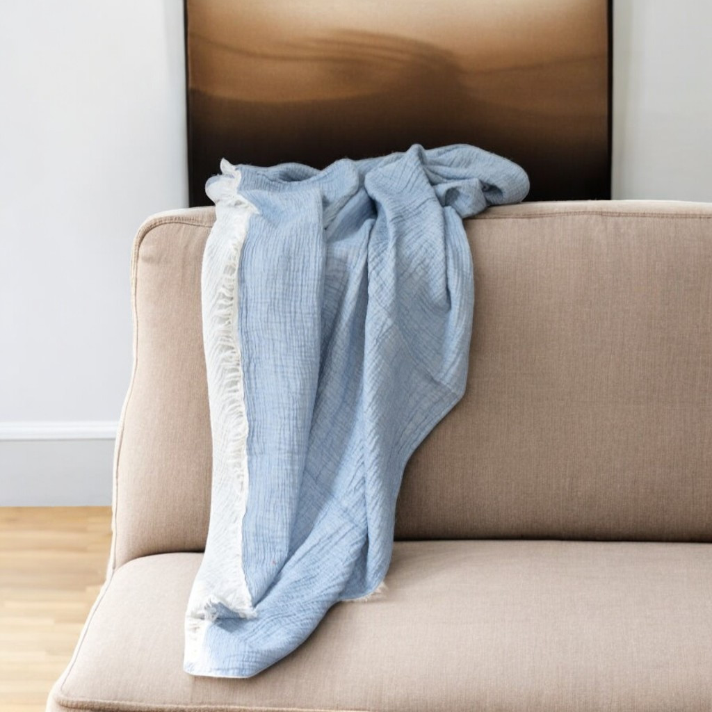 47" X 60" Blue Cotton Woven Turkish Towel Throw Blanket with Fringe-548872-1