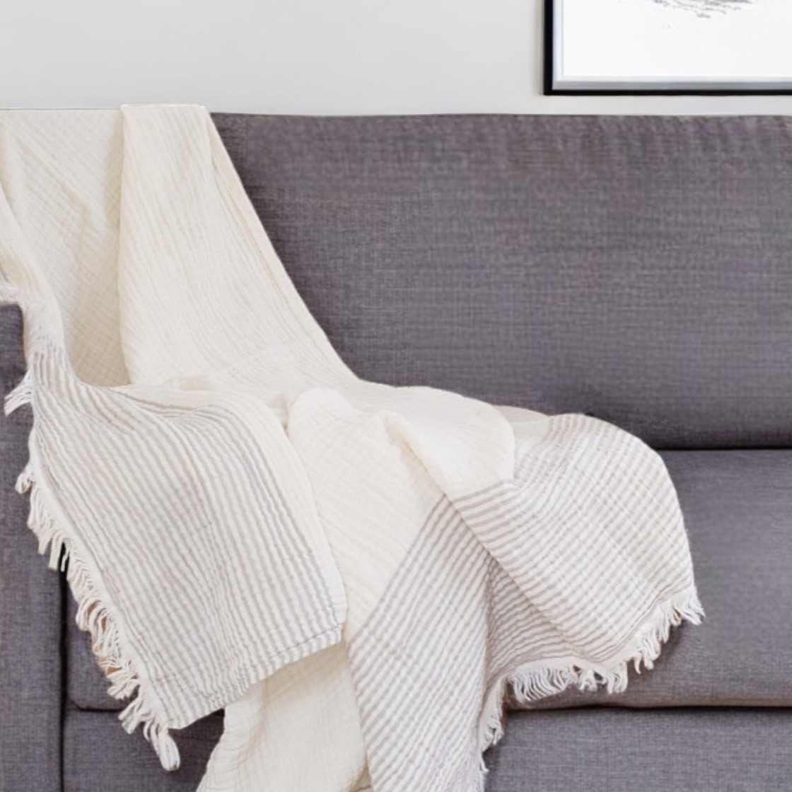 47" X 60" Beige and Ivory Cotton Woven Striped Throw Blanket with Fringe-548875-1