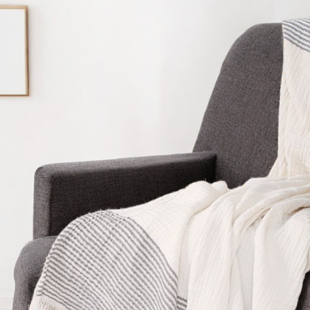 47" X 60" Gray and Ivory Cotton Woven Striped Throw Blanket with Fringe-548876-1