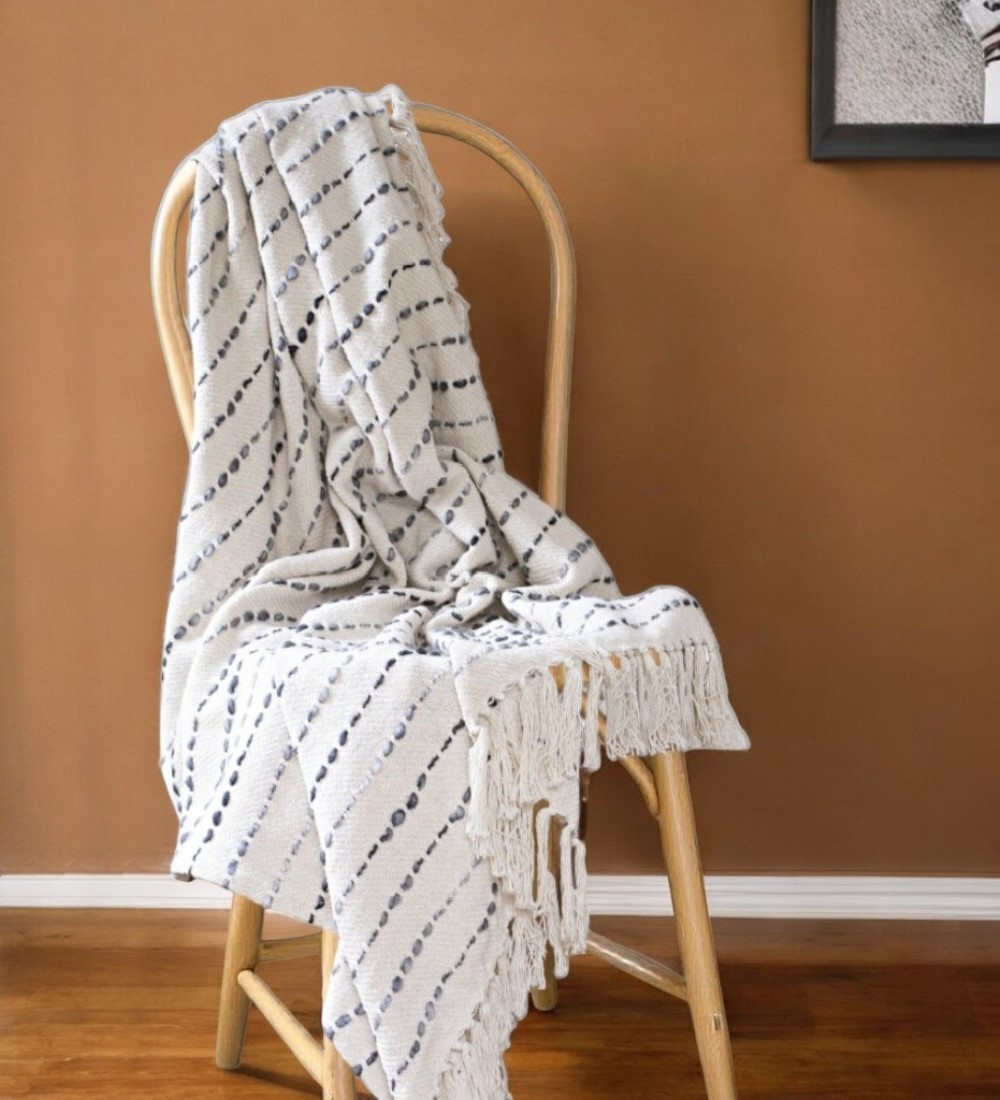 50" X 60" White And Navy Blue Cotton Blend Woven Striped Throw Blanket with Fringe-548878-1