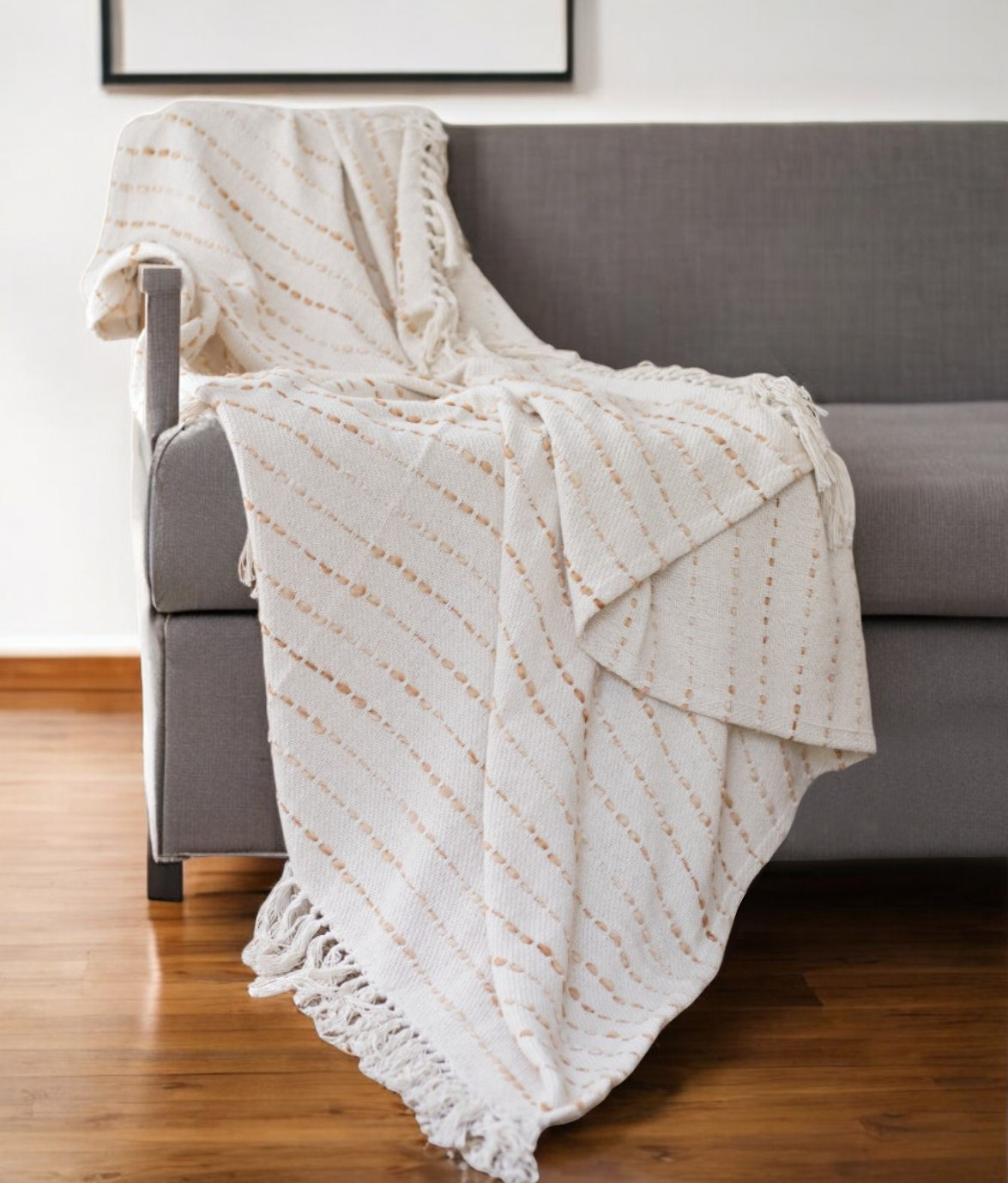 50" X 60" White And Brown Cotton Blend Woven Striped Throw Blanket with Fringe-548879-1