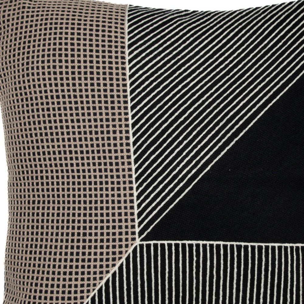 24" Black and White Geometric Cotton Throw Pillow  With Embroidery