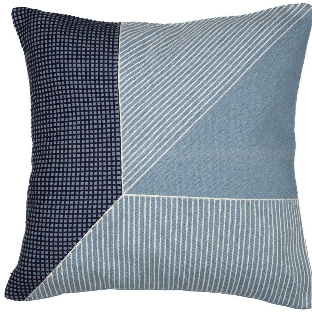 24" Blue and White Geometric Cotton Throw Pillow With Embroidery