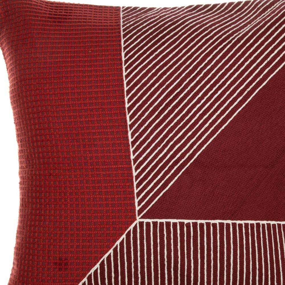 24" Red and White Geometric Cotton Throw Pillow With Embroidery
