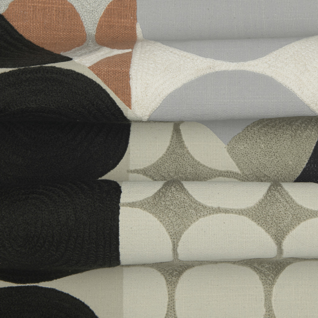 24" Beige and Black Geometric Cotton Throw Pillow With Embroidery
