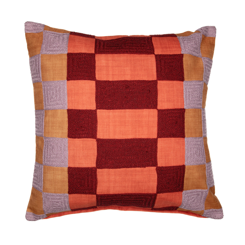 20" Orange Check Throw Pillow With Embroidery