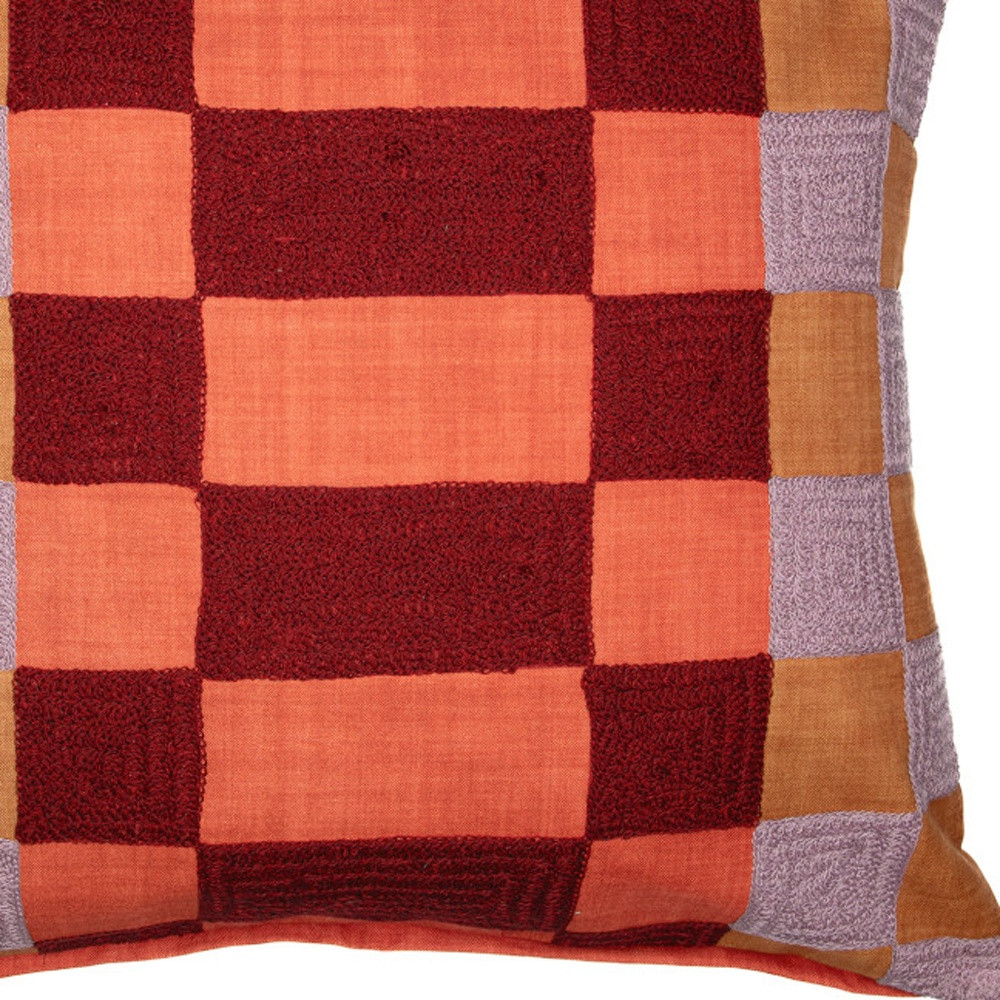 20" Orange Check Throw Pillow With Embroidery