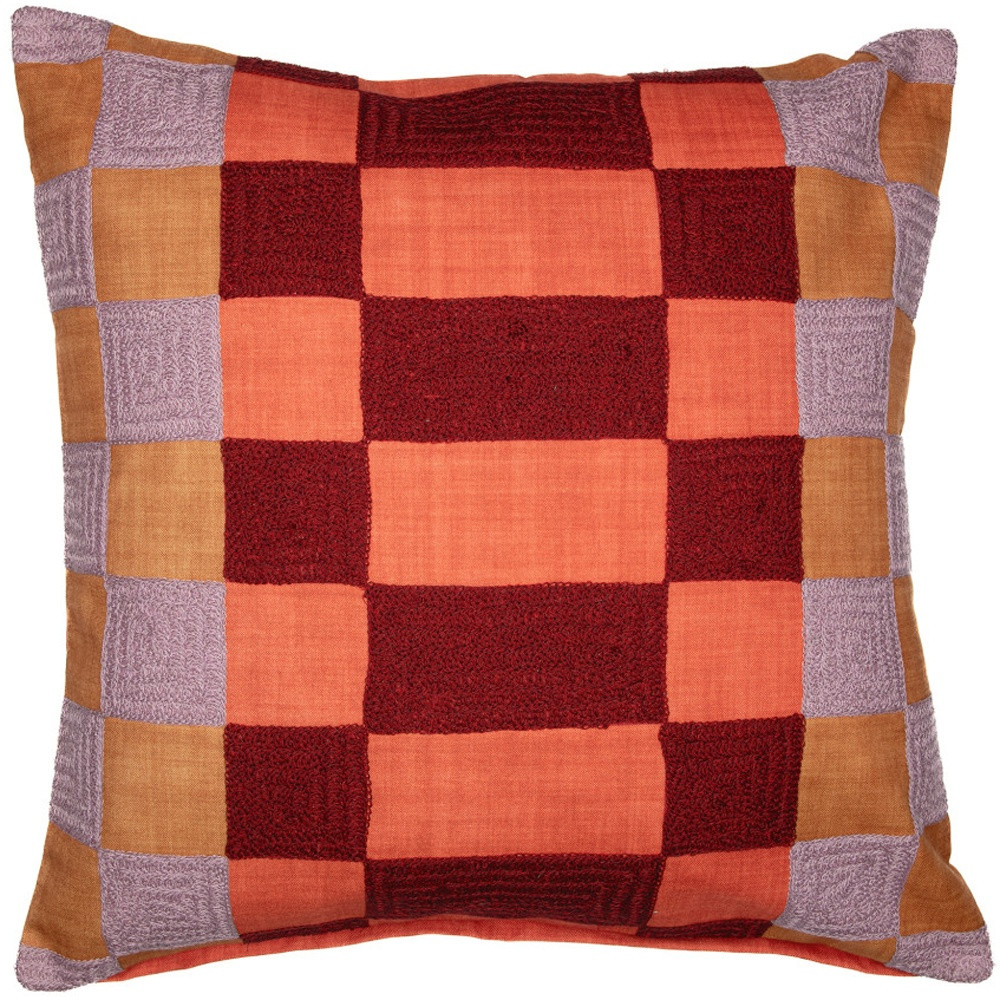 20" Orange Check Throw Pillow With Embroidery