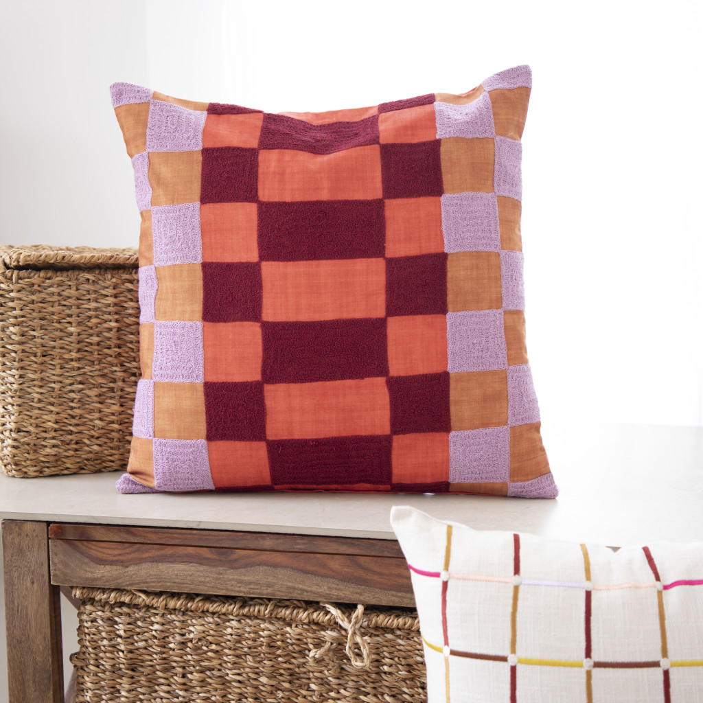 20" Orange Check Throw Pillow With Embroidery