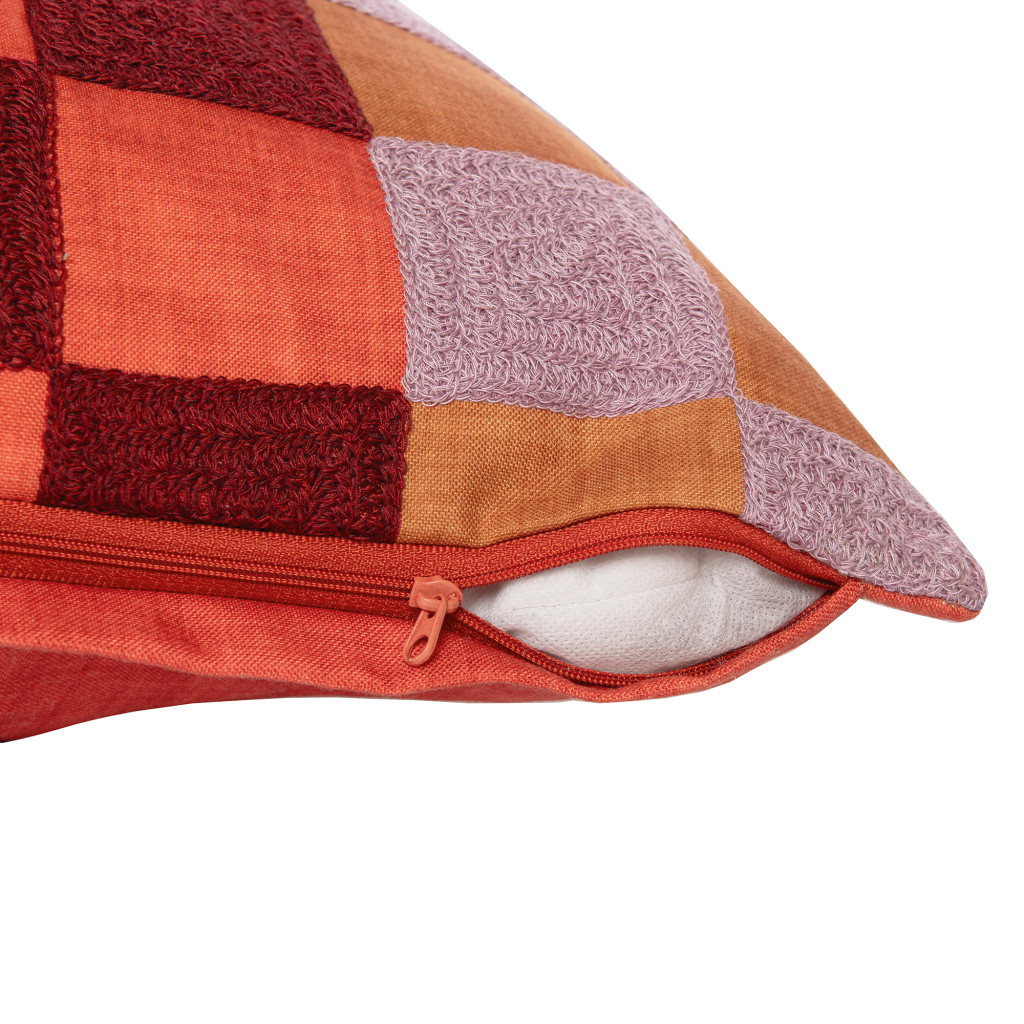 20" Orange Check Throw Pillow With Embroidery