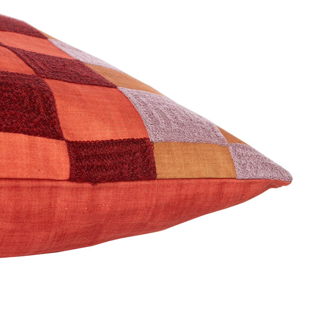 20" Orange Check Throw Pillow With Embroidery
